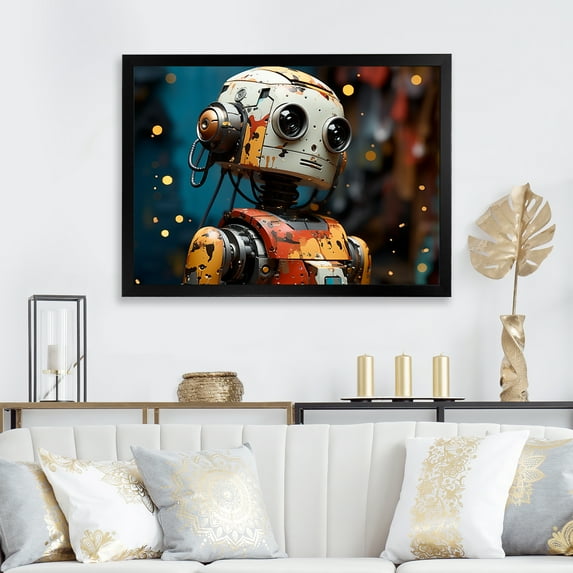 Designart "Fusion of Pop Art and Robot I" Fashion Framed Wall Art Decor - Glam Yellow Pop Art Bedroom Framed Canvas Wall Art