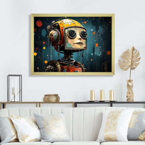 Designart "Fusion of Pop Art and Robot II" Fashion Framed Wall Art Decor - Glam Yellow Pop Art Living Room Framed Canvas Art