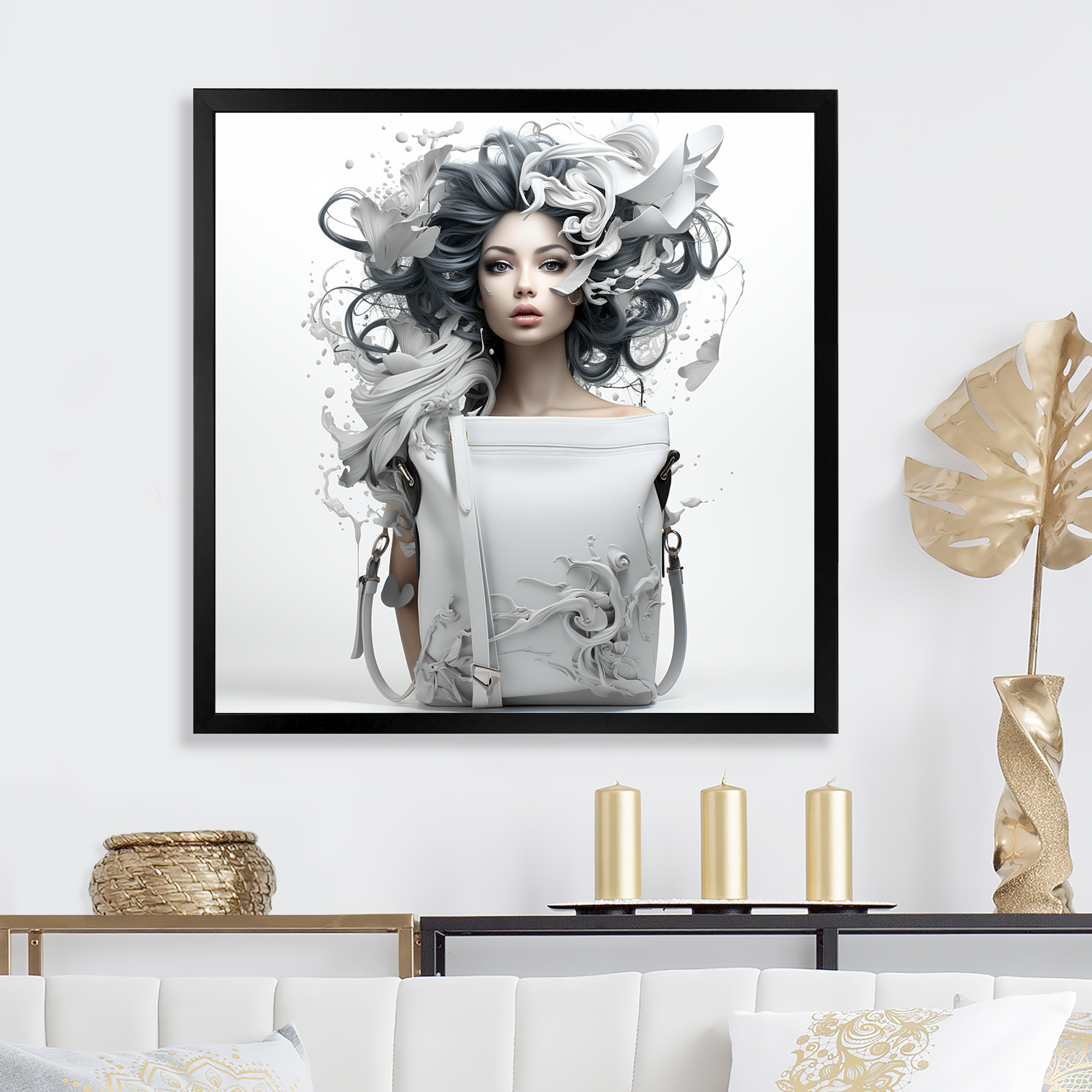 Designart "Fusion of Woman and Handbag in Blue and White II" Fashion