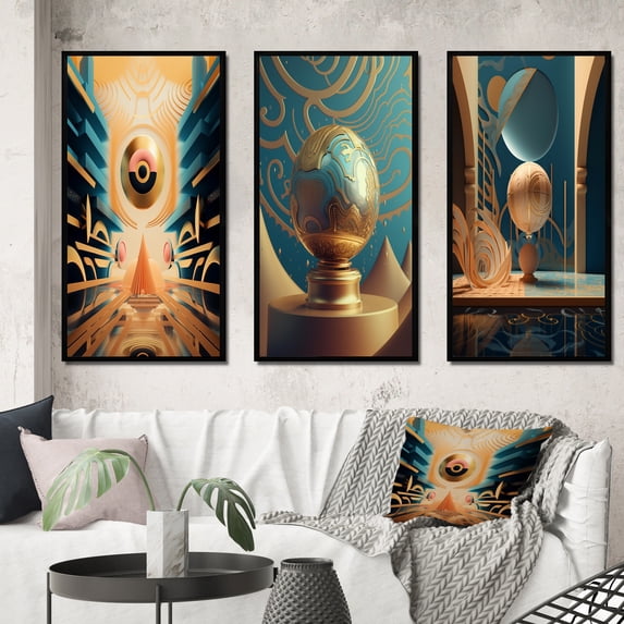 Designart "Future Geometry Seance Master Consciousness II" Modern Geometric Framed Wall Art Set Of 3 - Blue Abstract Frame Gallery Wall Set For Home Decor