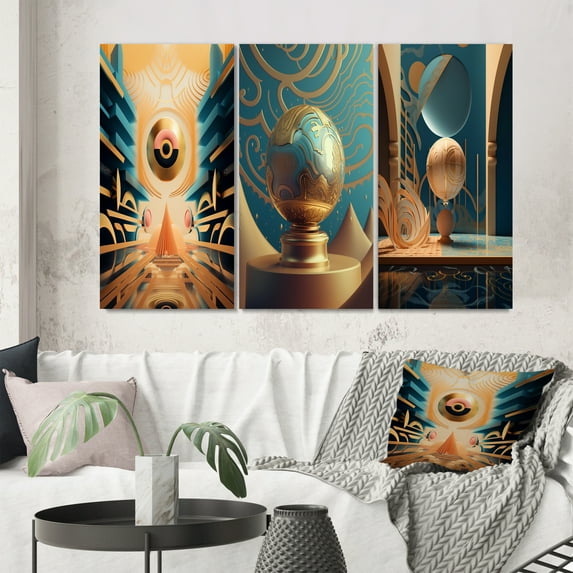 Designart "Future Geometry Seance Master Consciousness II" Modern Geometric Wall Art Set Of 3 - Blue Abstract Gallery Wall Set For Home Decor
