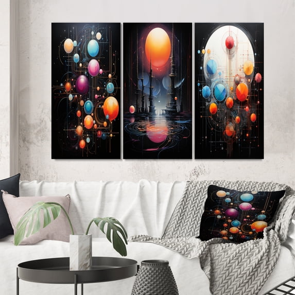 Designart " Future Moon Obscurity Abstracted Landscapes III" Minimalism Wall Art Set Of 3 - Abstract Minimalism Orange Gallery Wall Set For Home Decor