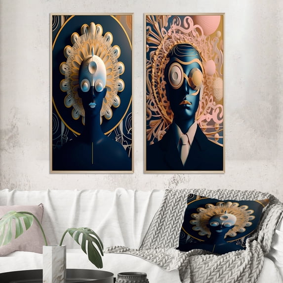 Designart "Future Vision Sci-Fi Portrait of a Man II" Man Framed Wall Art Set Of 2 - Glam Blue Frame Gallery Set For Office Decor