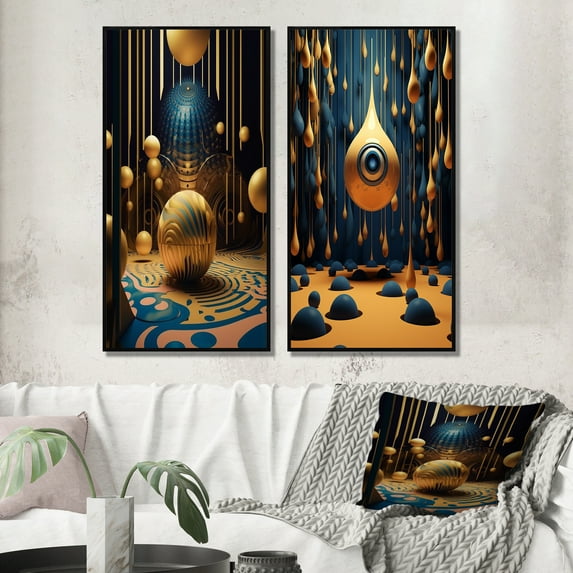 Designart "Futuristic Architecture Golden Sphere" Abstract Landscape Framed Wall Art Set Of 2 - Modern Gold Framed Canvas Set For Living Room Decor