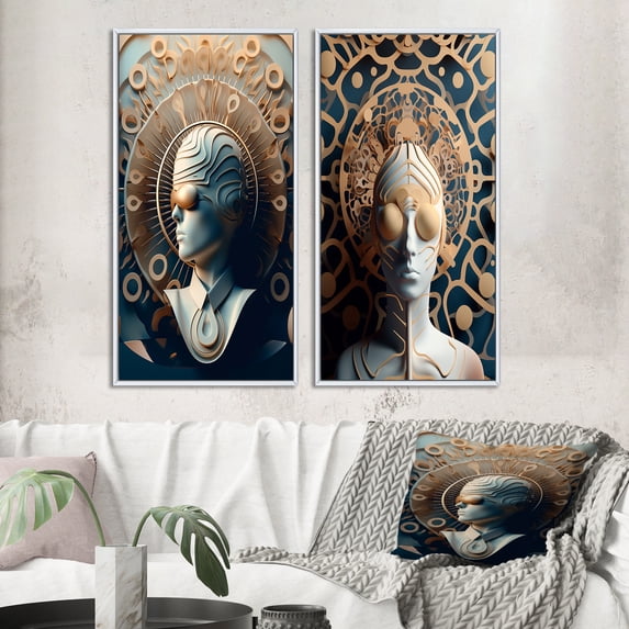 Designart "Futuristic Fashion Portrait of a Woman I" Surrealism Framed Wall Art Set Of 2 - Transitional Blue Gallery Wall Frame Set For Home Decor