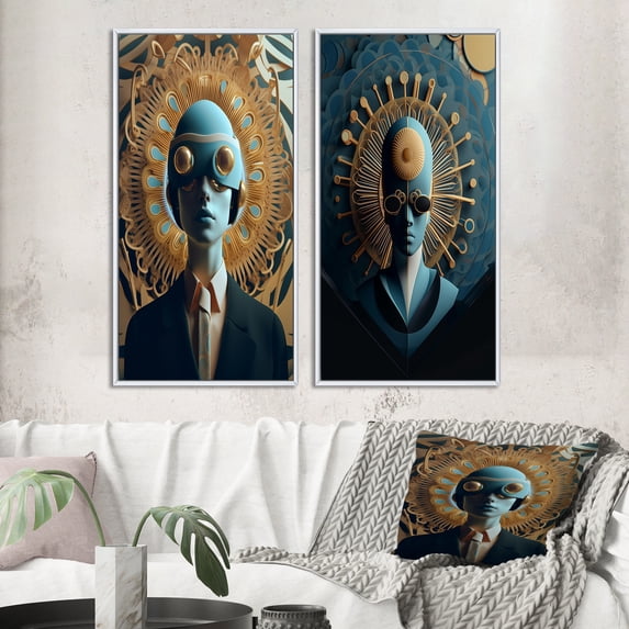 Designart "Futuristic Fashion Portrait of a Woman V" Surrealism Framed Wall Art Set Of 2 - Transitional Blue Gallery Wall Frame Set For Home Decor