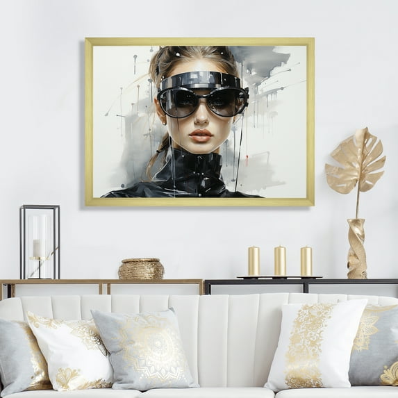 Designart "Futuristic Fashion in Black and Grey II" Fashion Framed Wall Art Decor - Glam Black Dior Bedroom Framed Canvas Wall Art