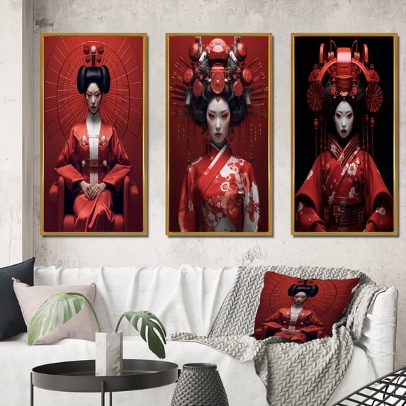 Designart "Futuristic Geisha Japanese II" Japon Woman Framed Wall Art Set Of 3 - Red Woman Japon Frame Gallery Wall Set For Home Decor