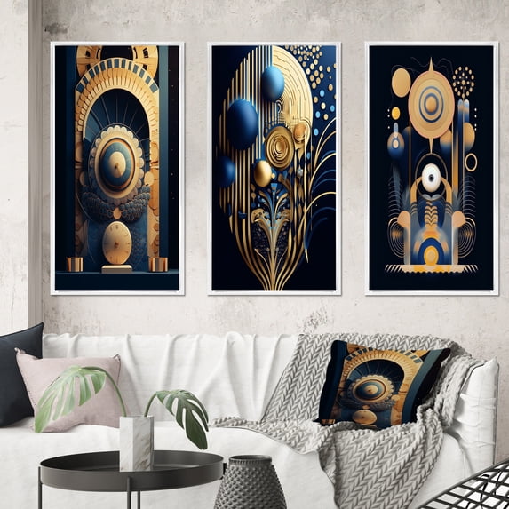 Designart "Futuristic Geometry of Consciousness I" Modern Geometric Framed Wall Art Set Of 3 - Gold Abstract Geometric Frame Gallery Set For Office Decor