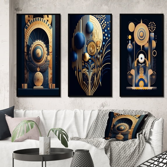 Designart "Futuristic Geometry of Consciousness I" Modern Geometric Framed Wall Art Set Of 3 - Gold Abstract Geometric Frame Gallery Set For Office Decor