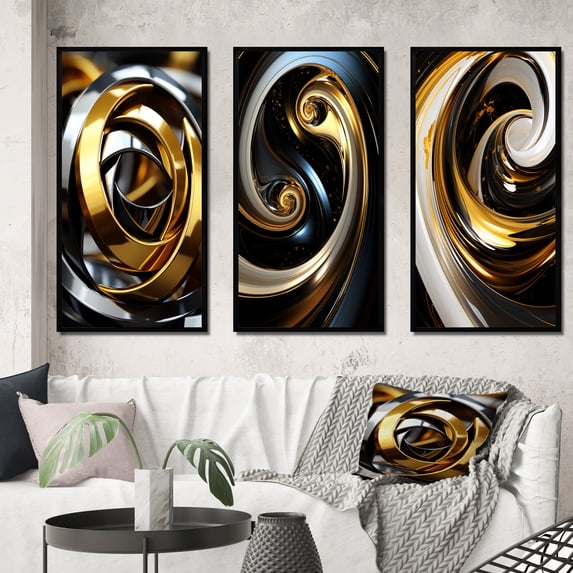 Designart "Futuristic Gold Silver Swirl Circular" Abstract Spirals Framed Wall Art Set Of 3 - Gold Transitional Frame Gallery Set For Office Decor