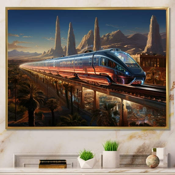 Designart "Futuristic Journey Colorful Train I" Transportation Floater Framed Canvas Print