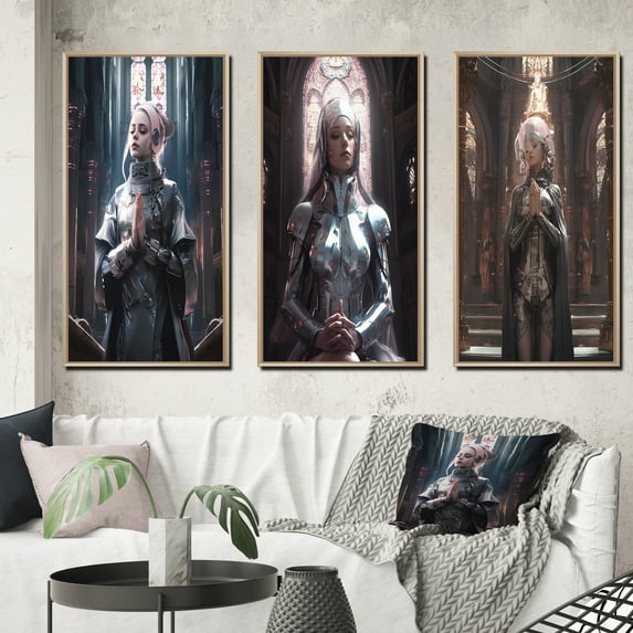 Designart "Futuristic Nun Prayer in Modern Cathedral III" Christianism Framed Wall Art Set Of 3 - White Traditional Frame Gallery Set For Office Decor