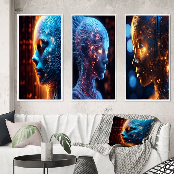 Designart "Futuristic Portrait Iridescent Woman II" Abstract Portraits Framed Wall Art Set Of 3 - Blue Transitional Frame Gallery Wall Set For Home Decor