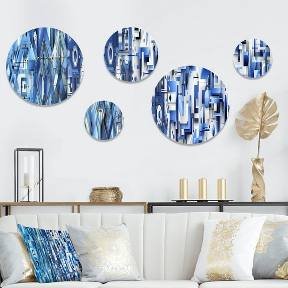 Designart "Futuristic Symmetry In Industrial Blue" Geometric Round Wall Art Set Of 5 - Blue Modern Wall Living Room Decor Set