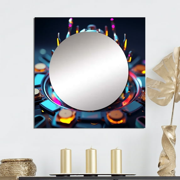 Designart "Futuristic Vintage-Inspired Android In Neon Glow II" Robot Square Mirror For Wall Decor - Large Gold Square Printed Wall Mirror Art - Wall Mounted Square Large Mirror