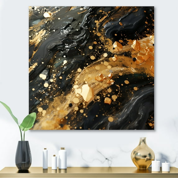 Designart "Galactic Drift in Gold and Black" Abstract Wall Art - Modern Gold Tachisme Hallway Wall Art Decor