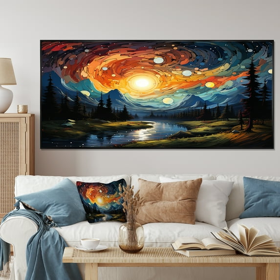 Designart "Galactic Glow Yellow Mountain Moon III" Oversized Landscapes Framed Wall Art - Country Yellow Forest River Mountains Entryway Framed Wall Art Print