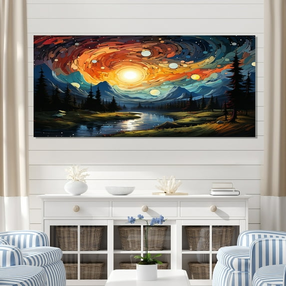Designart "Galactic Glow Yellow Mountain Moon III" Oversized Landscapes Wall Art - Country Yellow Forest River Mountains Hallway Wall Art Decor