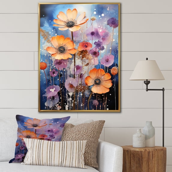 Designart "Galaxy Of Vibrant Florals I" Violets Floater Framed Wall Art Prints
