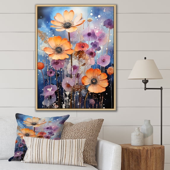 Designart "Galaxy Of Vibrant Florals I" Violets Floater Framed Wall Art Prints