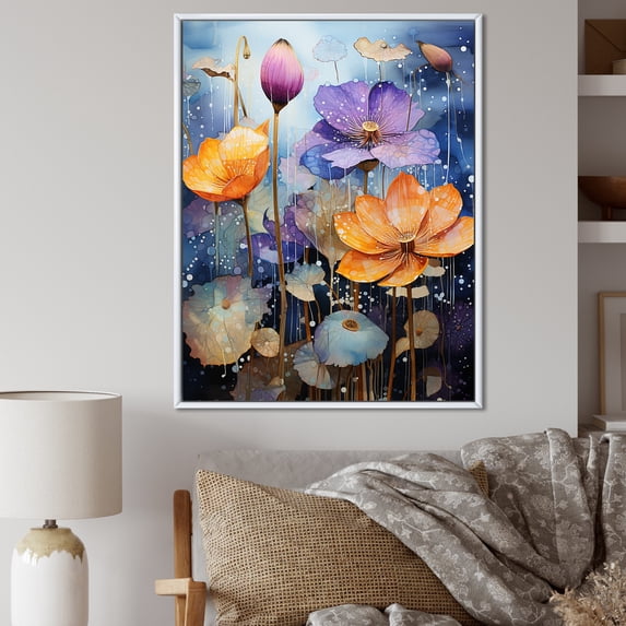 Designart "Galaxy Of Vibrant Florals" Violets Floater Framed Canvas Art Print
