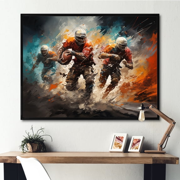 Designart "Game Day in Orange Football" Sports Floater Framed Wall Art Print