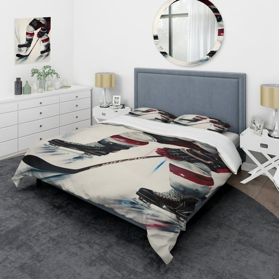 Designart "Game Face on the Hockey Rink III" Modern Bedding Covert Set - Sport Hockey White Sports Bed Set With 2 Shams