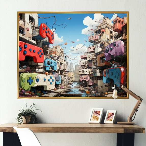 Designart "Gaming Controllers Dreamscape Pop Art Edition" Fashion Framed Wall Art - Modern Blue Video Games Living Room Framed Canvas Art