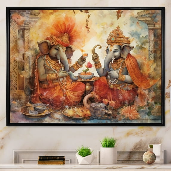 Designart "Ganesha, The Intricate Deity In Watercolor" Hinduism Floater Framed Canvas Art Print