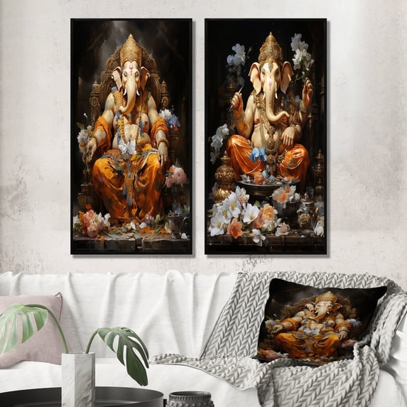 Designart "Ganeshas Blessing Hinduisim Art wall art II" Hinduism Framed Wall Art Set Of 2 - Orange Spiritual Frame Gallery Set For Office Decor