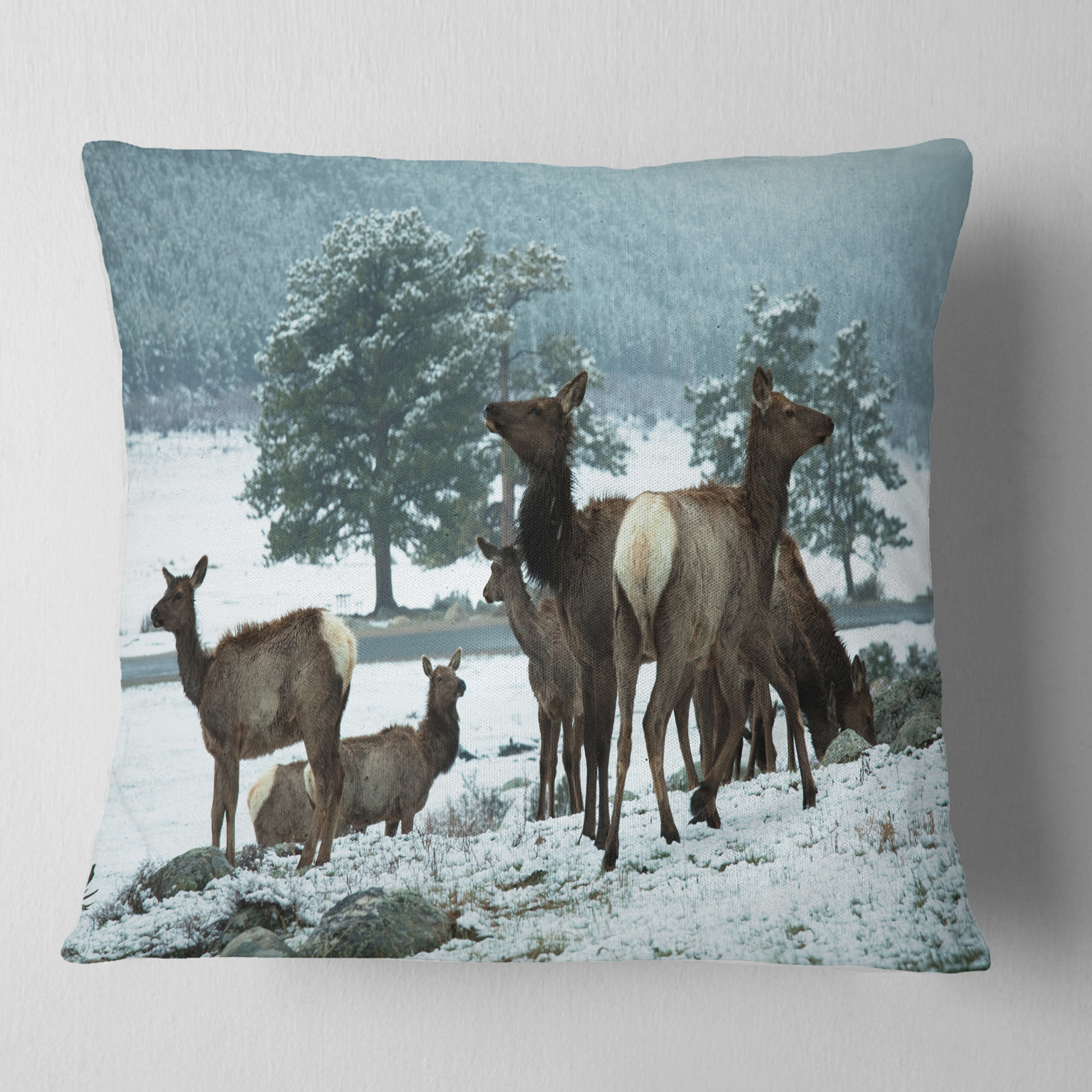 Designart Gang of Deer in Rocky Mountains - Landscape Printed Throw Pillow - 18x18