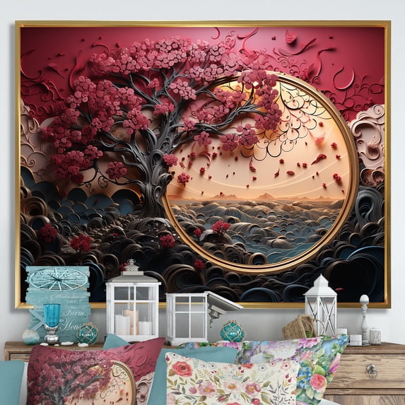 Designart "Garden Splendor Red and Gold Flowers I" Floral Framed Wall Art - Traditional Red Flowers Hallway Framed Wall Art Decor
