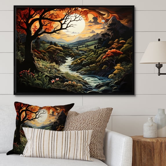 Designart "Garden of Eden Orange Green Mountain I" Landscapes Floater Framed Canvas Wall Art