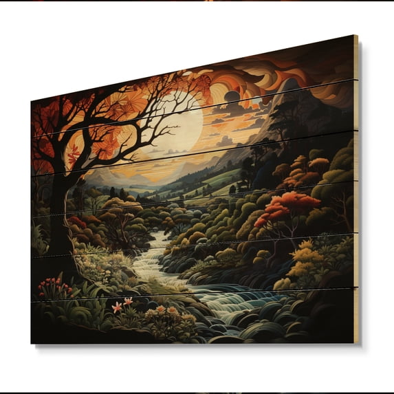 Designart "Garden of Eden Orange Green Mountain I" Landscapes Print on Natural Pine Wood
