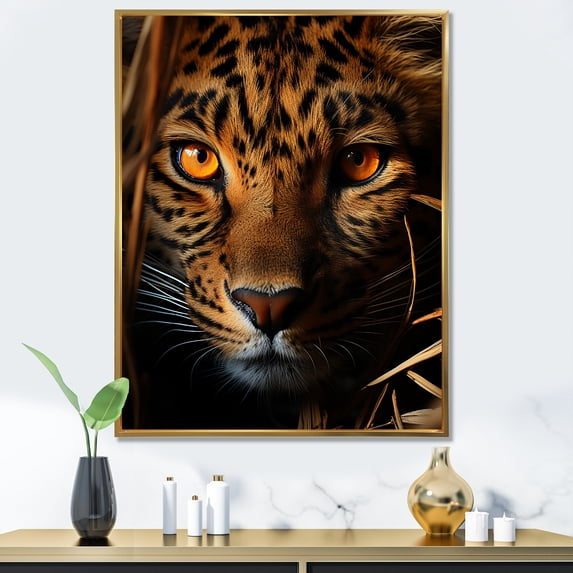 Designart "Gaze Of The Golden Stalker Leopard Portrait II" Animals Leopard Floater Framed Canvas Prints