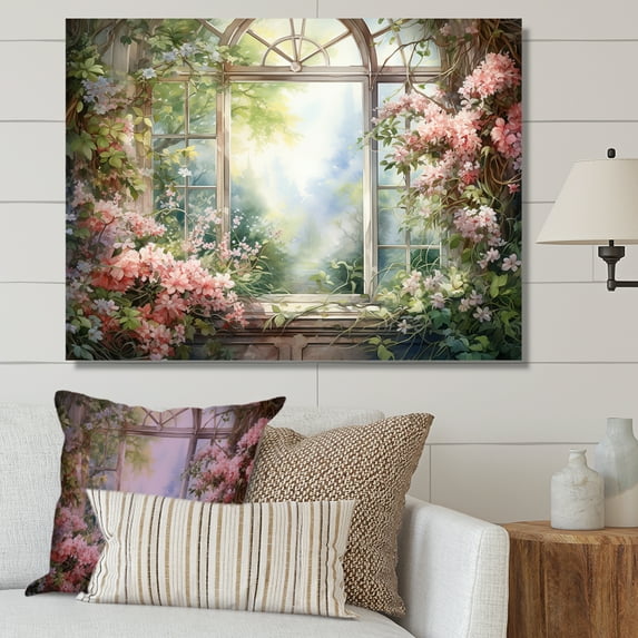 Designart "Gazing through Country Window at Pink Blossoms II" Floral Wall Art - Traditional Pink Window Bedroom Canvas Wall Art