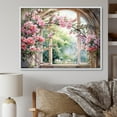 thumbnail image 1 of Designart "Gazing through Country Window at Pink Blossoms IV" Floral Framed Wall Art - Traditional Pink Window Hallway Framed Wall Art Decor, 1 of 6