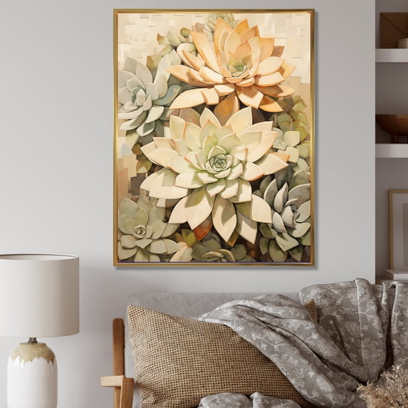 Designart "Gentle Beige Succulent V" Succulent Floater Framed Canvas Wall Art