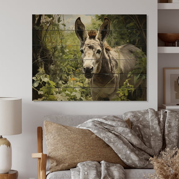 Designart "Gentle Companion Grey Donkey in Pastoral" Animals Print on Natural Pine Wood