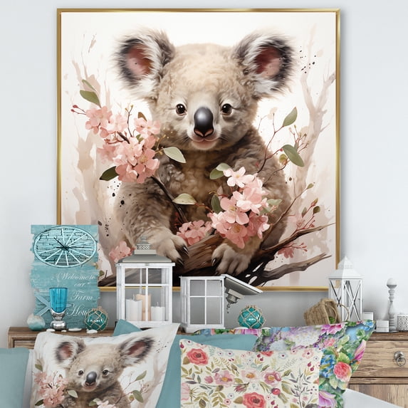 Designart "Gentle Floral Gaze of the Koala I" Animals Framed Wall Art - Traditional Pink Koala Hallway Framed Wall Art Decor