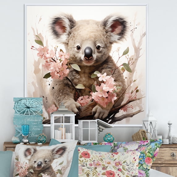 Designart "Gentle Floral Gaze of the Koala I" Animals Framed Wall Art - Traditional Pink Koala Hallway Framed Wall Art Decor