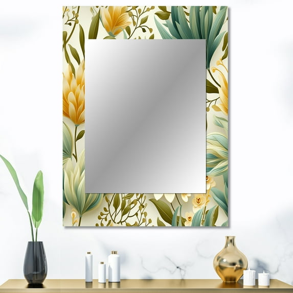 Designart "Gentle Oasis II" Floral Wall Mirror, Printed Green Wall Mirror, Traditional Bathroom Wall Mirror, Decorative Floral Mirror - 30x40 Inch