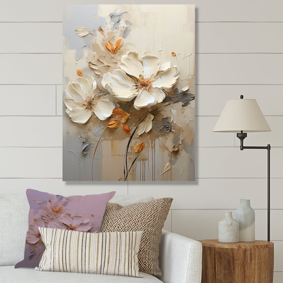 Designart "Gentle Petal Dance In Beige Tones I" Flowers Wall Art Prints