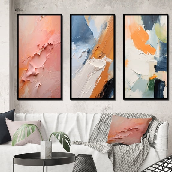 Designart "Gentle Serenity Pink Abstract Painting" Abstract Painting Framed Wall Art Set Of 3 - Pink Modern Frame Canvas Set For Living Room Decor