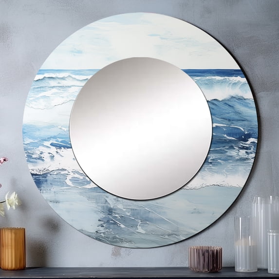 Designart "Gentle Toned Simplistic Ocean Swell" Coastal Beach Round Mirror Wall Decor Coastal - Large Black Round Office Mirror - Round Mirror - 23" x 23"