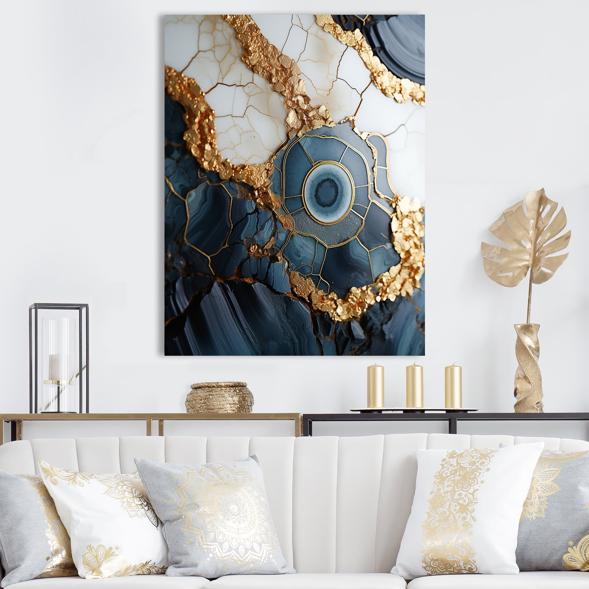 Gold and Blue Abstract Geode Canvas Wall Art, 12" x 20"
