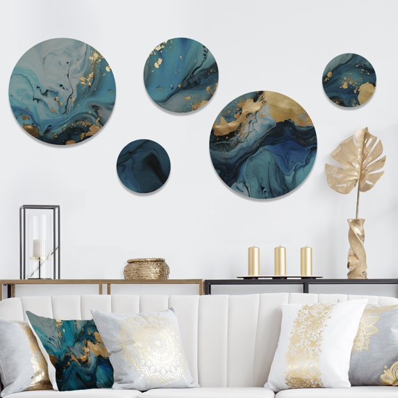 Designart "Geode Discovery Blue and Gold Depths II" Abstract Marble Metal Wall Art Set of 5 Piece