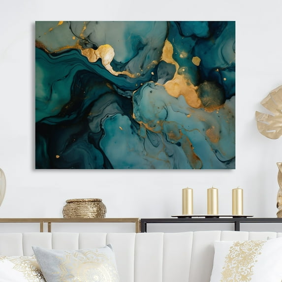 Designart "Geode Expedition Black and Gold Depths I" Abstract Marble Metal Wall Art Prints