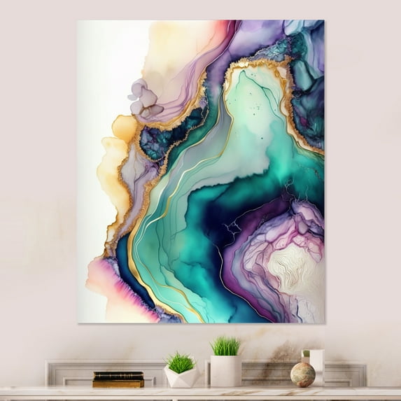 Designart "Geode-Inspired Abstraction in Green and Purple" Abstract Marble Metal Art Print